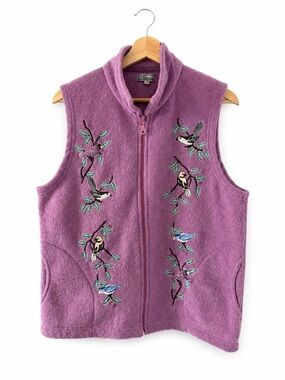 Vintage Bird Embroidered Fleece Vest | Purple | Cottagecore Nature (Size L)